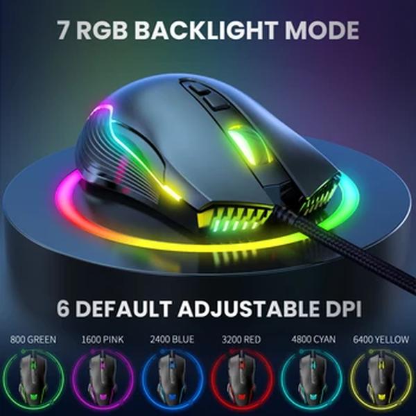 ONIKUMA-Mouse Gamer Wired, 6 Níveis Ajustáveis, 6400 DPI, 7 Botões Programáveis, 7 Modos de Iluminação RGB, Ratos Ergonômicos para PC Gamer