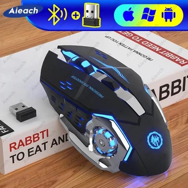 Mouse sem fio recarregável para computador de jogos, Mouse Bluetooth silencioso, USB, Retroiluminação mecânica de esportes eletrônicos, PC Gamer