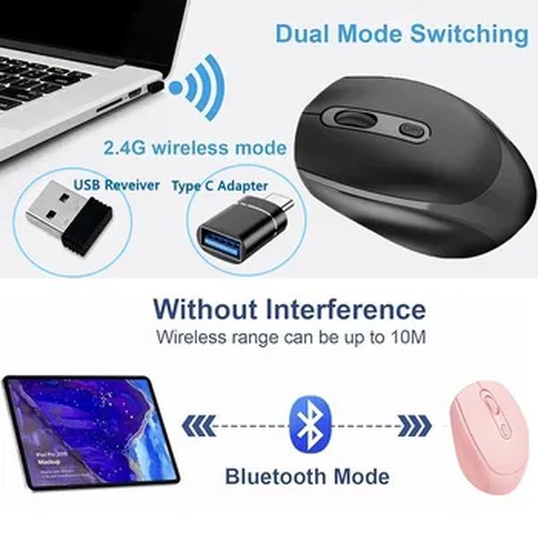 Mouse silencioso sem fio com modo duplo, Mouse óptico recarregável, Compatível com Bluetooth, MacBook Laptop, Jogo para PC, Escritório, 1600 DPI, 2.4G