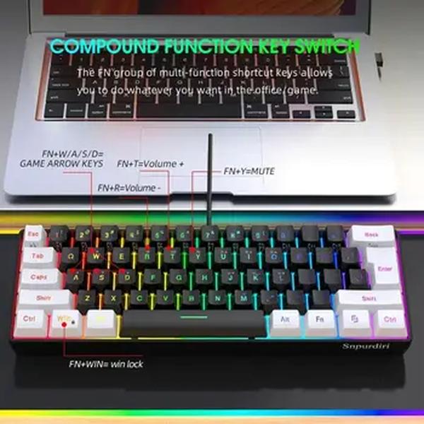 RGB Backlight Wired Mini Teclado Gaming, Ultra Compacto, Impermeável, Pequeno Compacto, 61 Teclas, Fit para PC, Mac Gamers, 60%