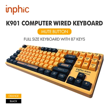 INPHIC-K901 Teclado mecânico com fio, K901, 87 teclas, mudo, silencioso, amarelo, preto, apto para escritório, laptop, jogos