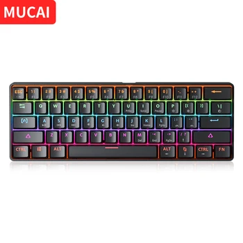 MUCAI-MK61 USB Teclado Mecânico Gaming, Interruptor Vermelho, Com Fio, Cabo Destacável, RGB Backlit, Hot Swappable, 61 Chaves