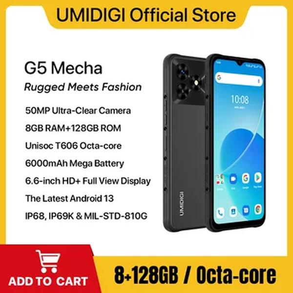 UMIDIGI-G5 Mecha Android 13 Smartphone, Celular Robusto, 8GB, 128GB, 6.6 "HD + Screen, Câmera 50MP, 6000mAh, 90Hz, Novo, 2022