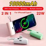 Mini Cápsula Banco de Energia Sem Fio, Grande Capacidade, 10000mAh, Carregamento Rápido, Bateria Externa de Emergência para iPhone Tipo C