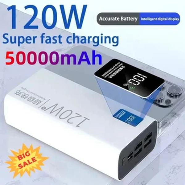 Banco de Potência Display Digital, 50000mAh, Carregamento Super Rápido, 120W Alta Capacidade, Capacidade Suficiente para iPhone, Xiaomi, Huawei