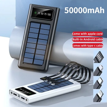 Solar Charging Power Bank, 50000mAh, capacidade ultra-grande, vem com quatro fios, adequado para Samsung, Apple, Huawei