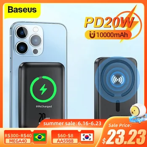 Baseus-Banco de Energia Magnética Sem Fio, Mini Bateria Externa Portátil, Carregador para iPhone 12, 13, 14 Pro, 10000mAh, 6000mAh