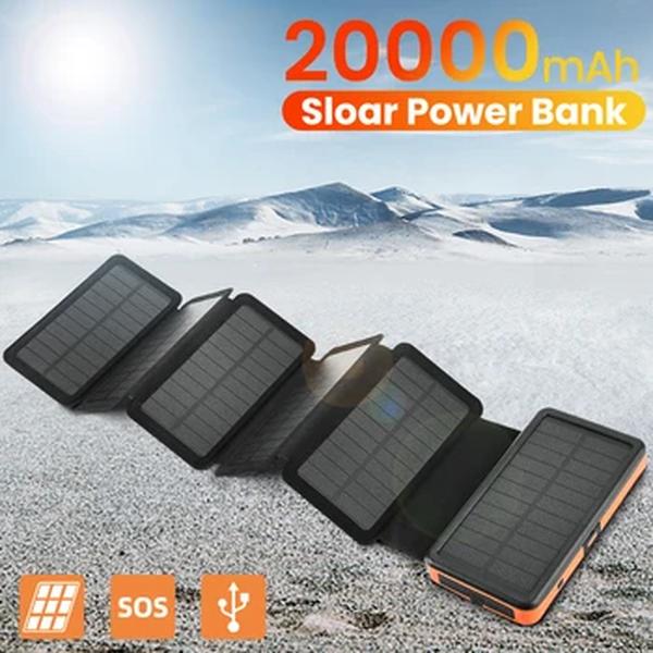 Banco de energia solar dobrável impermeável com lanterna LED, carregador de painel USB duplo, 20000mAh, Xiaomi, iPhone 12, 11