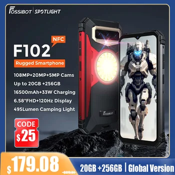 FOSSIBOT F102 Smartphone robusto 20GB + 256GB Helio G99 33W carregamento rápido 16500mAh Android 13 telefone celular 6.58 FHD Camping Luz impermeável telefone móvel NFC 108MP