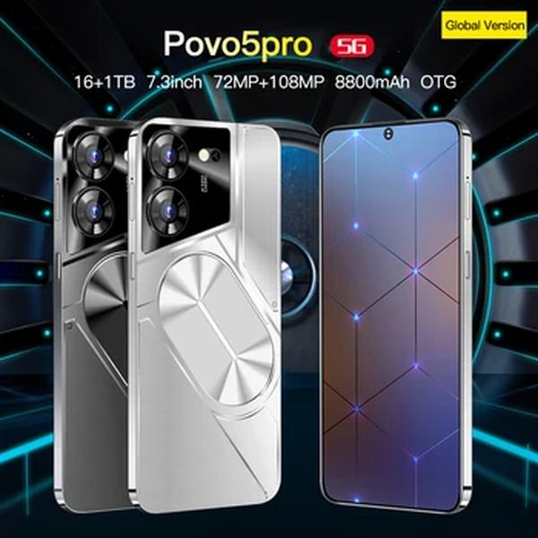 Versão Global Povo5 Pro Smartphone, Telefone Android, 5G, 7.3 Polegada, 16GB de RAM, 1024GB ROM, Snapdragon 8, Gen2, Câmera 108MP, Bateria 8800mAh