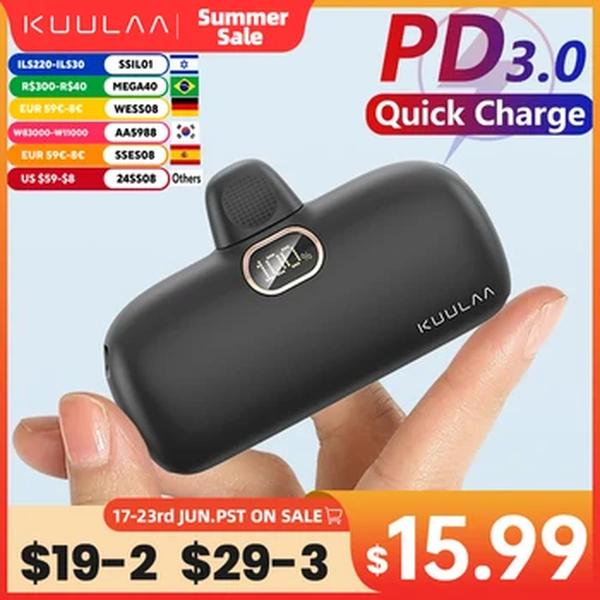 KUULAA-Mini Power Bank, carregamento rápido, bateria externa, carregador portátil para Samsung, QC PD, iPhone 15, 14, 13, 5000mAh