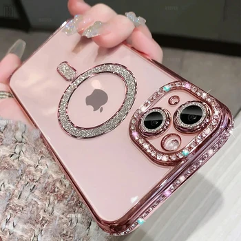 Crystal Diamond Clear Case para iPhone, Magsafe, Capa de Carregamento Sem Fio, Bling, Sparkly, Magsafe, Luxo, 15, 11, 12, 13, 14 Pro Max Plus