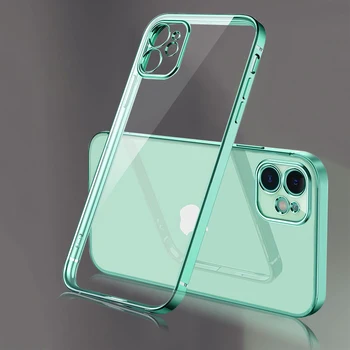 Capa de silicone transparente para iPhone, chapeamento luxuoso, moldura quadrada, tampa traseira transparente, iPhone 11, 12, 13, 14, 15 Pro Max, X, XR, XS Max, 7 Plus