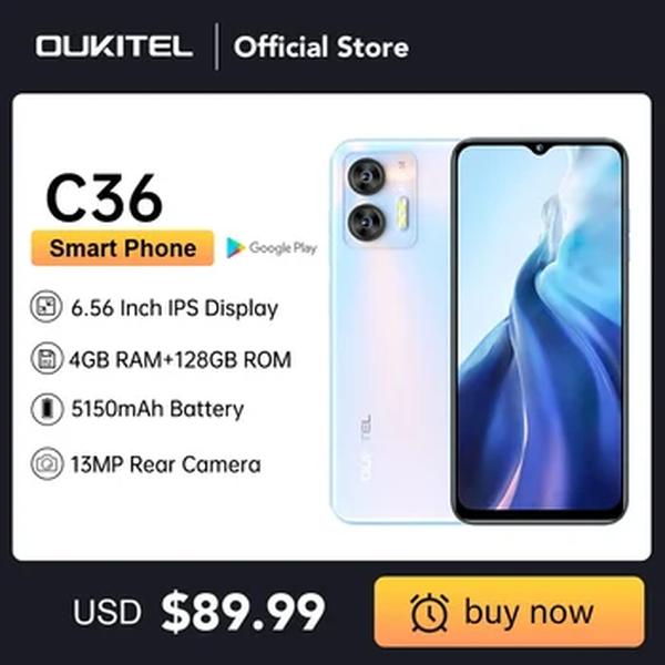 OUKITEL-C36 Smartphone, Celular Octa Core, Celular, Tela HD de 6,56 ", 5150mAh, 4GB + 128GB, Câmera de 5MP + 13MP, Andróide 13