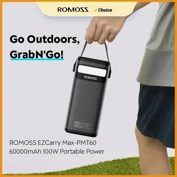 ROMOSS Banco de Potência Portátil, Carga Rápida, Bateria Externa para Laptop, Ao Ar Livre, iPhone, Xiaomi, Huawei, Samsung, 60000mAh, 100W