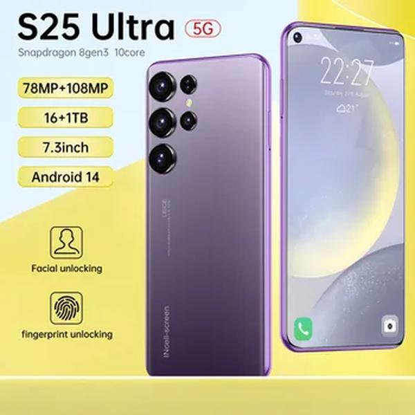 Smartphone S25 Ultra Global Version, 7.3 Polegada, Android 14, 22GB + 2TB, 7800mAh, 78MP + 108MP, 5G, Desbloqueio de impressões digitais, Dual SIM, Novo