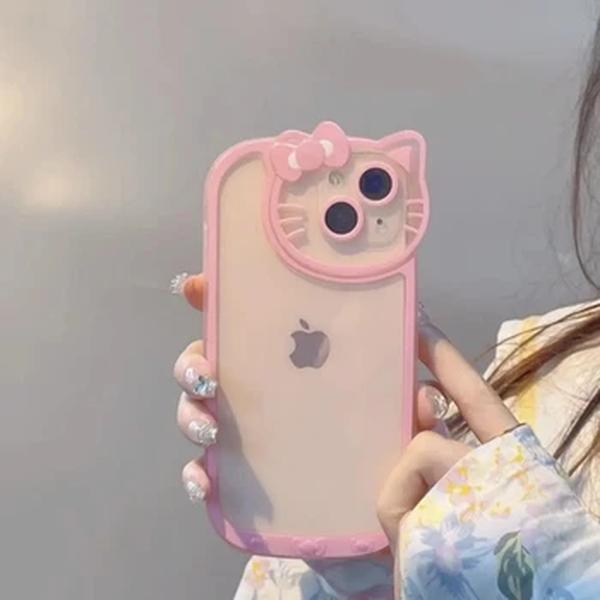 Capa de Telefone Kawaii Sanrio Olá Kitty KT Cabeça, Capa Rosa para iPhone 15, 14, 13 Pro Max, 11, 12, 13 Pro, X, XR, 7, 8 Plus, Y2K