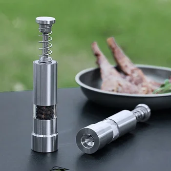 Single Hand Mini Salt Pepper Grinder, Thumb Push, Spices Grinder, Transparente, Built-in Primavera para Home Camping BBQ