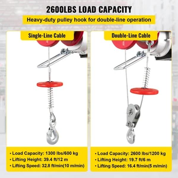 VEVOR-Grua Elétrica Guindaste De Elevação, Controle Remoto Sistema De Energia, Fio De Aço, Guindaste Aéreo, Polia Do Teto Da Garagem, Largo, 1200kg