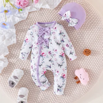 Macacão Floral do Recém-nascido com Chapéu, Bebê Menina Onesies, Conjunto de Roupas Manga Longa, Macacão Minúsculo Bonito, 1-18Meses