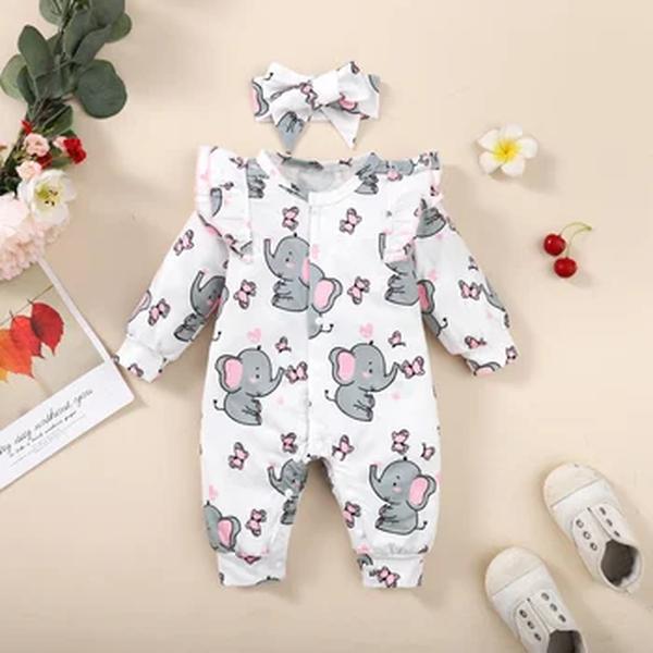 Baby girl romper de manga longa, bonito elefante-like bodysuit + headband, roupas casuais para crianças pequenas de 0 a 18 meses