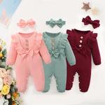 Mangas compridas Ruffle Bodysuit com Headband, Romper da menina do bebê recém-nascido, Onesie, Roupa, Outono, Inverno, 0-18 meses