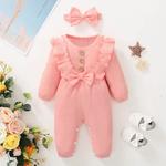 Mangas compridas Ruffle Bodysuit com Headband, Romper da menina do bebê recém-nascido, Onesie, Roupa, Outono, Inverno, 0-18 meses