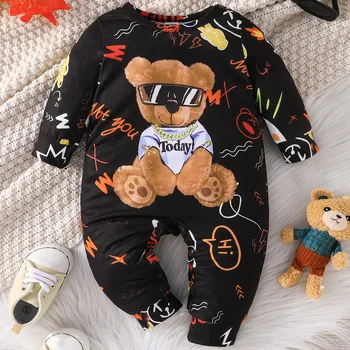 Onesies dos desenhos animados com botão minúsculo para o bebê recém-nascido, macacão de manga comprida, roupas de urso legal, unisex, 1 a 24 meses