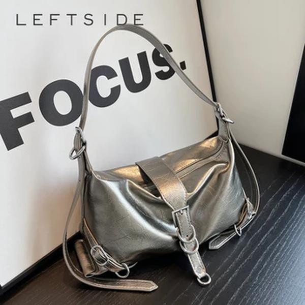 LEFTSIDE-Bolsas crossbody de couro prateado para mulheres, moda coreana, bolsa de ombro axila feminina, luxo, Y2k, 2023