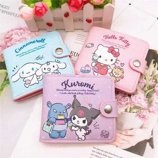 Mini carteira para mulheres e meninas, Porta-moedas com botões, pequena, curta, fofa, Disney, Kuromi, Cinnamoroll, Kawaii, carteiras dobráveis