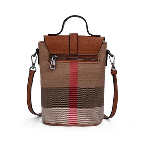 Mini bolsa crossbody de lona treliça para senhoras, zíper de couro, bolsa para celular, bolsa de ombro pequena casual