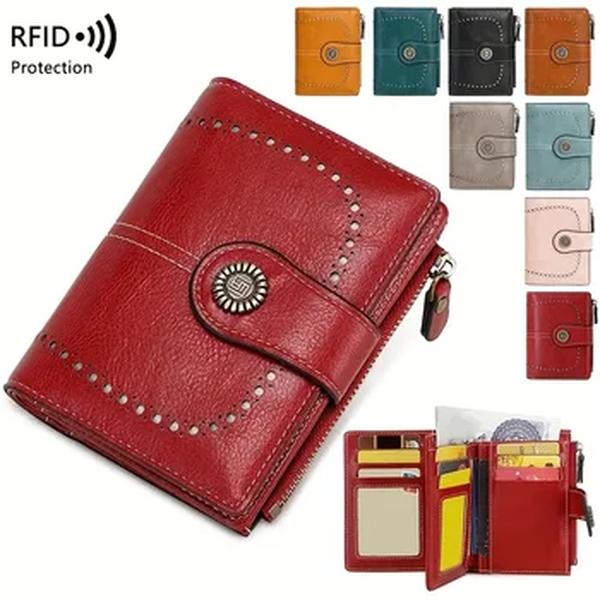 Carteira retro de três vezes RFID blindagem, carteira curta feminina, monocromática, de grande capacidade, moda diária, versátil bolsa de embreagem