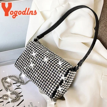 Yogodlns-Bolsa de ombro de diamante brilhante para mulheres, bolsa de travesseiro de couro PU, bolsa tiracolo elegante