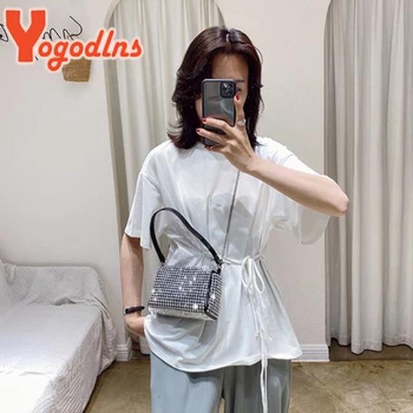 Yogodlns-Bolsa de ombro de diamante brilhante para mulheres, bolsa de travesseiro de couro PU, bolsa tiracolo elegante