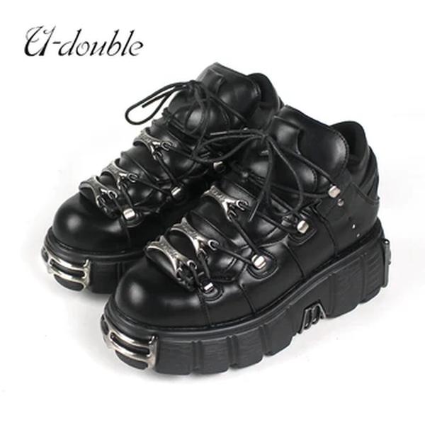 Sapatos de plataforma com cordões estilo punk para mulheres, botas de tornozelo, tênis rock, decoração de metal, altura 6cm, novo, 2023