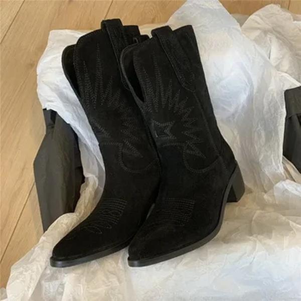 Botas de couro artesanal para mulheres, bordadas naturais, salto de espiga, vaqueiro ocidental, botas retrô, outono, inverno, novo, 2024