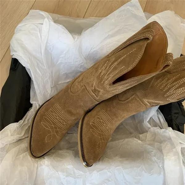 Botas de couro artesanal para mulheres, bordadas naturais, salto de espiga, vaqueiro ocidental, botas retrô, outono, inverno, novo, 2024