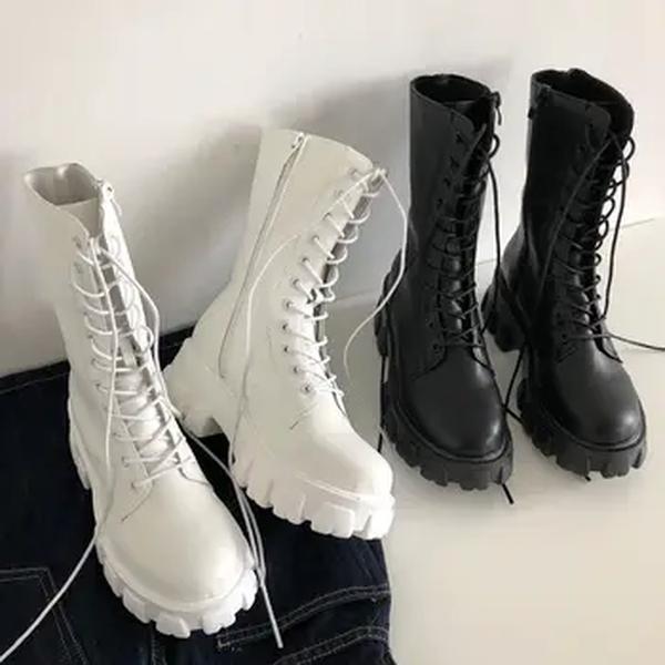 Botas mid bezerro com zíper feminino, botas chelsea com cadarço, salto de plataforma, calçados esportivos femininos, moda outono e inverno, novo