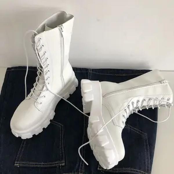 Botas mid bezerro com zíper feminino, botas chelsea com cadarço, salto de plataforma, calçados esportivos femininos, moda outono e inverno, novo