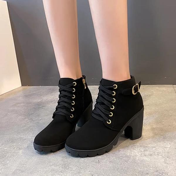 Botas com cordões de PU para mulheres, salto alto, sapatos femininos europeus, botas de plataforma de alta qualidade, entrega rápida, novo, primavera e inverno