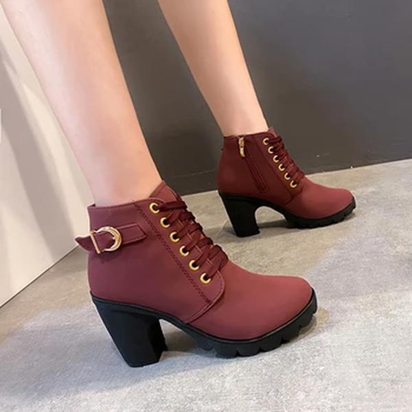 Botas com cordões de PU para mulheres, salto alto, sapatos femininos europeus, botas de plataforma de alta qualidade, entrega rápida, novo, primavera e inverno