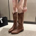 Botas altas de couro cravejadas para mulheres, gótico, curto, cowboy ocidental, salto baixo, luxo, designer, sapatos de rock novos, vintage, 2023