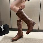 Botas altas de couro cravejadas para mulheres, gótico, curto, cowboy ocidental, salto baixo, luxo, designer, sapatos de rock novos, vintage, 2023