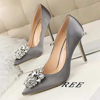 CINESSD-Sapatos De Casamento Para Mulheres, Seda Faux, Cetim, Strass, Cristal, Rala, Estilete, Salto Alto, Preto Cinza Prateado