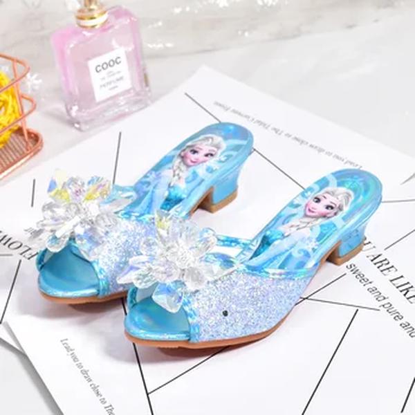 Sapatos Disney Frozen Princesa Elsa, mulas de salto alto feminino, sandálias de cristal, moda infantil, verão, tamanhos 26-37