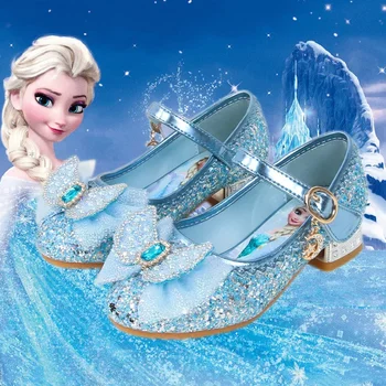 Sandálias de princesa congelada feminina Disney, sapatos infantis, salto alto, rosa, azul, tamanho, moda bebê