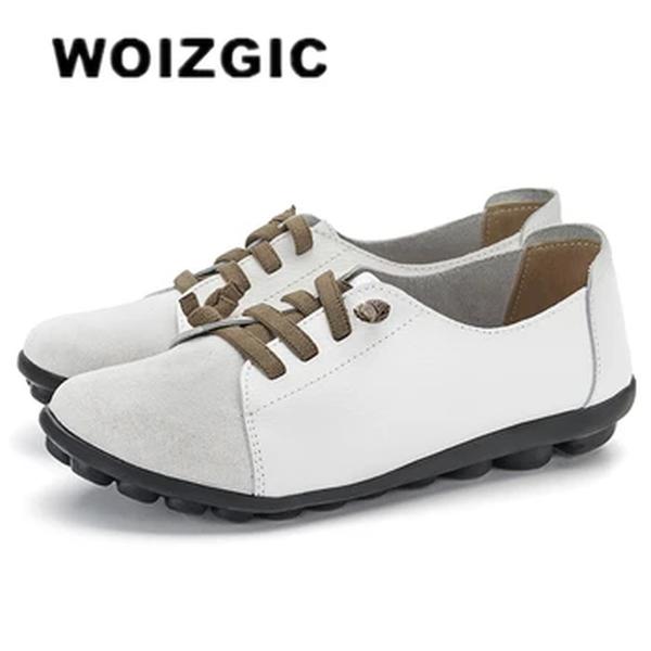 WOIZGIC-Mocassins de couro genuíno para mulheres, apartamentos para mãe, sapatos de bailarina, mocassins macios com renda, plus size, 43, 44, MX-052