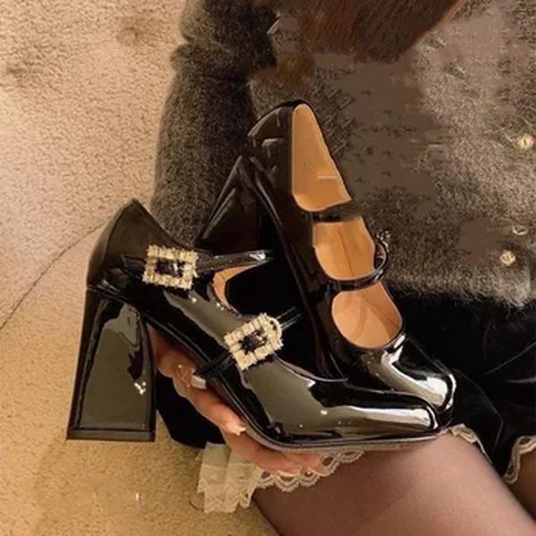 Salto robusto Mary Jane para mulheres, cabeça quadrada, linha glamourosa alta com strass, couro envernizado, sapatos profissionais, 2024