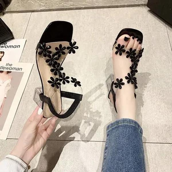 Sandálias de elástico para mulheres, dedo do pé quadrado, monocromático, strass, transparente, saltos volumosos, sapatos femininos à venda, moda, 2023