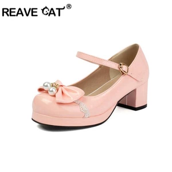 REAVE CAT-bombas redondas para mulheres, toe redondo, 5cm, salto quadrado grosso, fivela de couro envernizado, arco pérolas, tamanho grande, 33, 43, 44, 45, 46, 48, 48, 2024